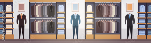 Big Fashion Shop Super Market Male Clothes Shopping Mall Interior Banner With Copy Space Flat Vector Illustration