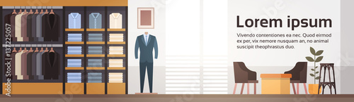 Big Fashion Shop Super Market Male Clothes Shopping Mall Interior Banner With Copy Space Flat Vector Illustration