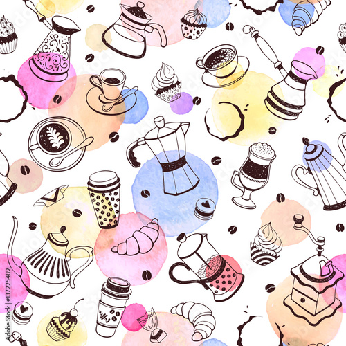 Coffee time seamless pattern with watercolor spots on white background. Hand drawn illustration with coffee pots, cups and sweets.