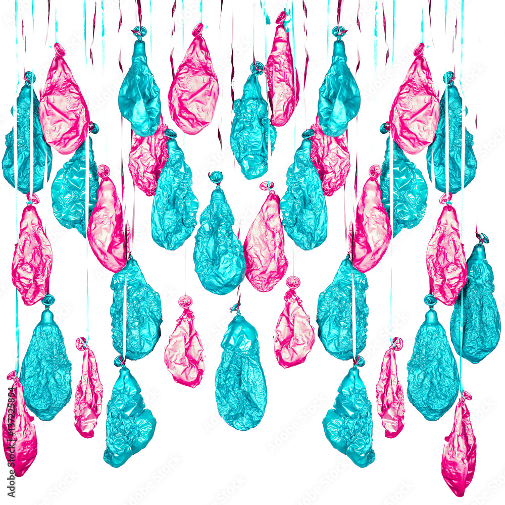 burst balloons, pink, blue turquoise white background