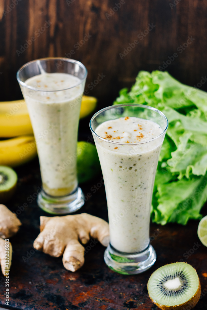 Vegetarian drink - ginger smoothie with banana and kiwi. Vegetarian drink - ginger smoothie with banana and kiwi.