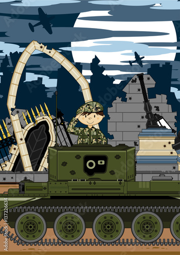 Cute Cartoon Army Soldier in Tank