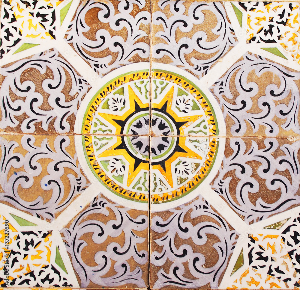 Detail of the traditional tiles from facade of old house. Decorative tiles.Valencian traditional tiles. Floral ornament. Majolica, Watercolor