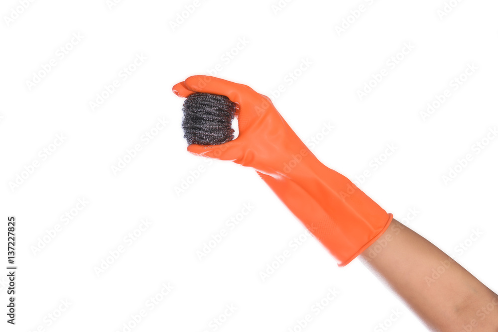 hand with steel wire scrub isolated on a white