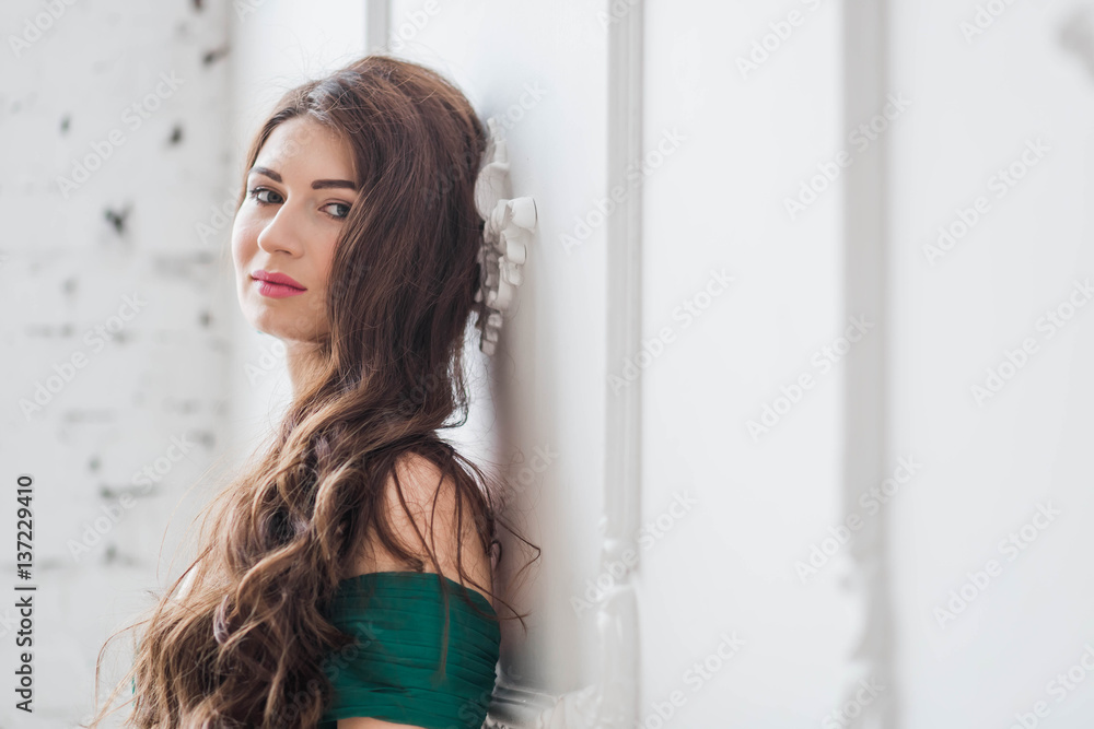 beautiful brunette girl with long hair in green dress standing near the white wall looking at the camera close-up of copyspace beautiful brunette girl with long hair in green dress standing near the white wall looking at the camera close-up of copyspace