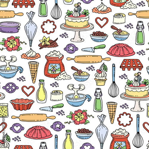 Vector seamless pattern with hand drawn colored cakes. Pattern on the theme of food and kitchen