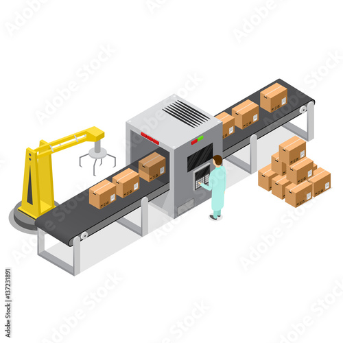 Factory Conveyor System Belt Isometric View. Vector