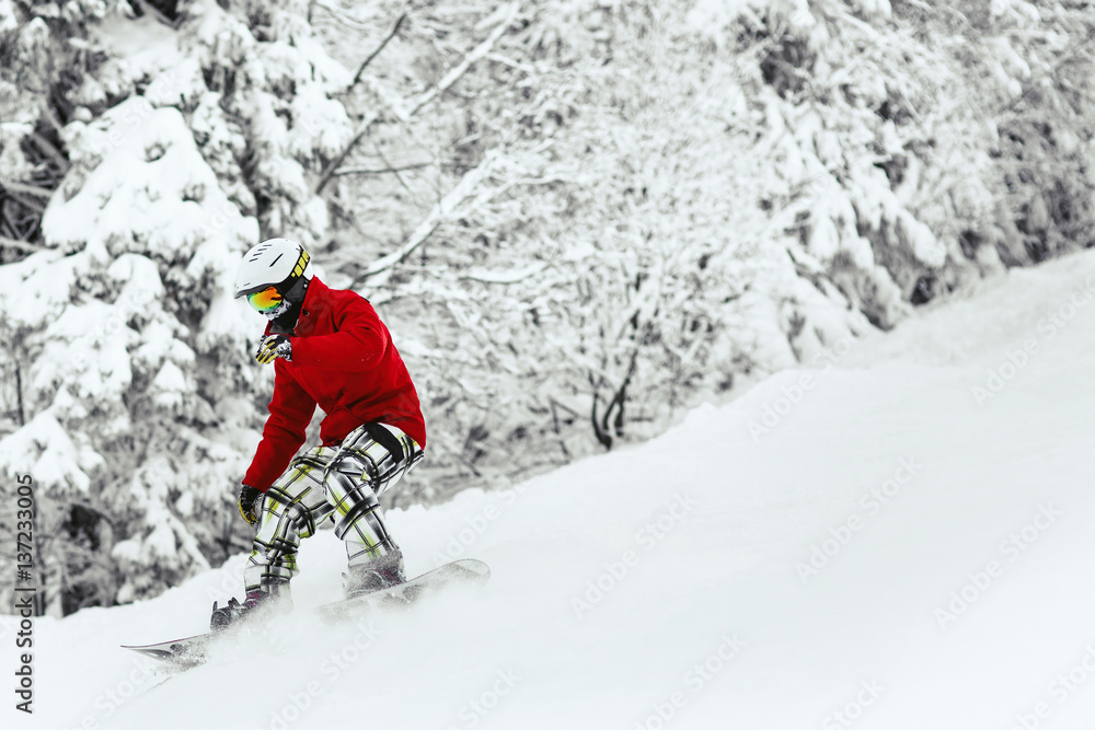 Man in red ski jacket and white helmet goes down the snowed hill in the forest