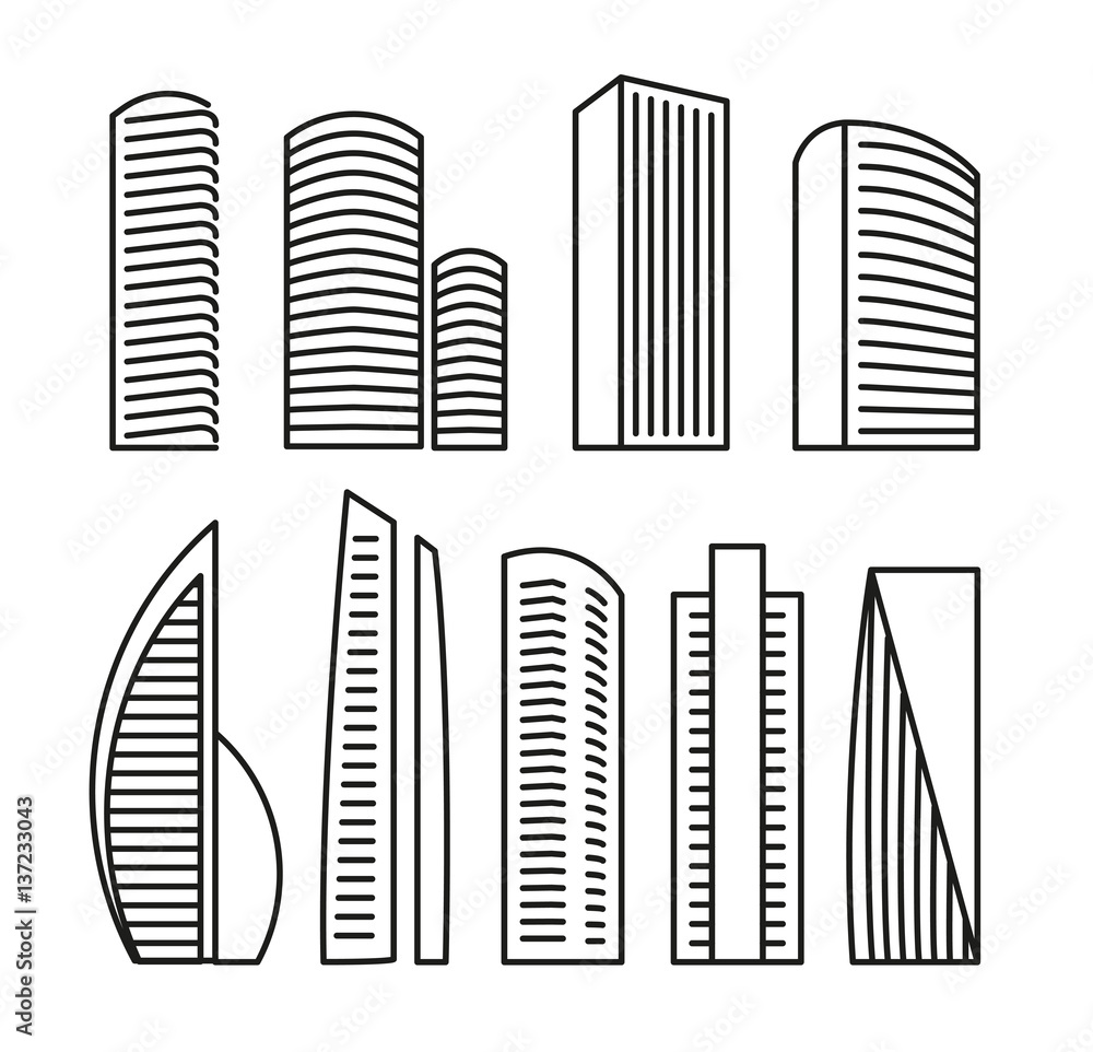 Isolated black and white color skyscrapers in lineart style icons collection, elements of urban architectural buildings vector illustrations set.