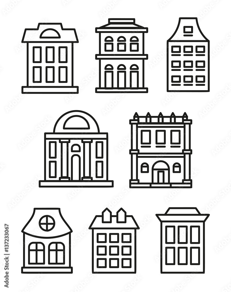 Isolated black and white color low-rise municipal houses in lineart style icons collection, elements of urban architectural buildings vector illustrations set.