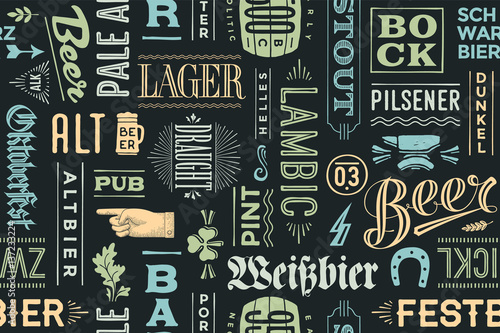 Seamless pattern with types of beer and hand drawn lettering for bar, pub, cafe, fest and party. Vintage drawing for placemat, bar menu, t-shirt print and beer themes. Vector Illustration
