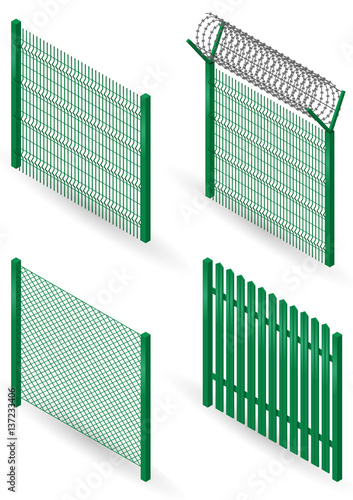 Set of metal fences, borders and walls in an isometric view. Mesh, barbed wire. Vector graphics