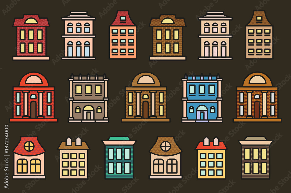 Isolated colorful low-rise municipal houses in lineart style icons collection, elements of urban architectural buildings vector illustrations set.
