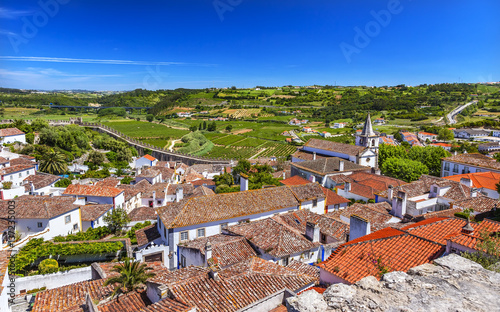Castle Walls Orange Roofs Farmland Countryside Obidos Portugal