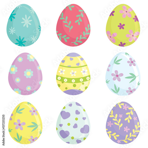 Different decorated colorful Easter eggs. Vector illustration.