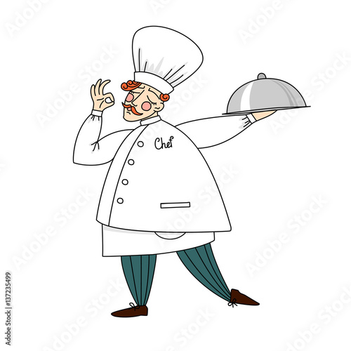 Cute chef holding a tray of delicious dishes.