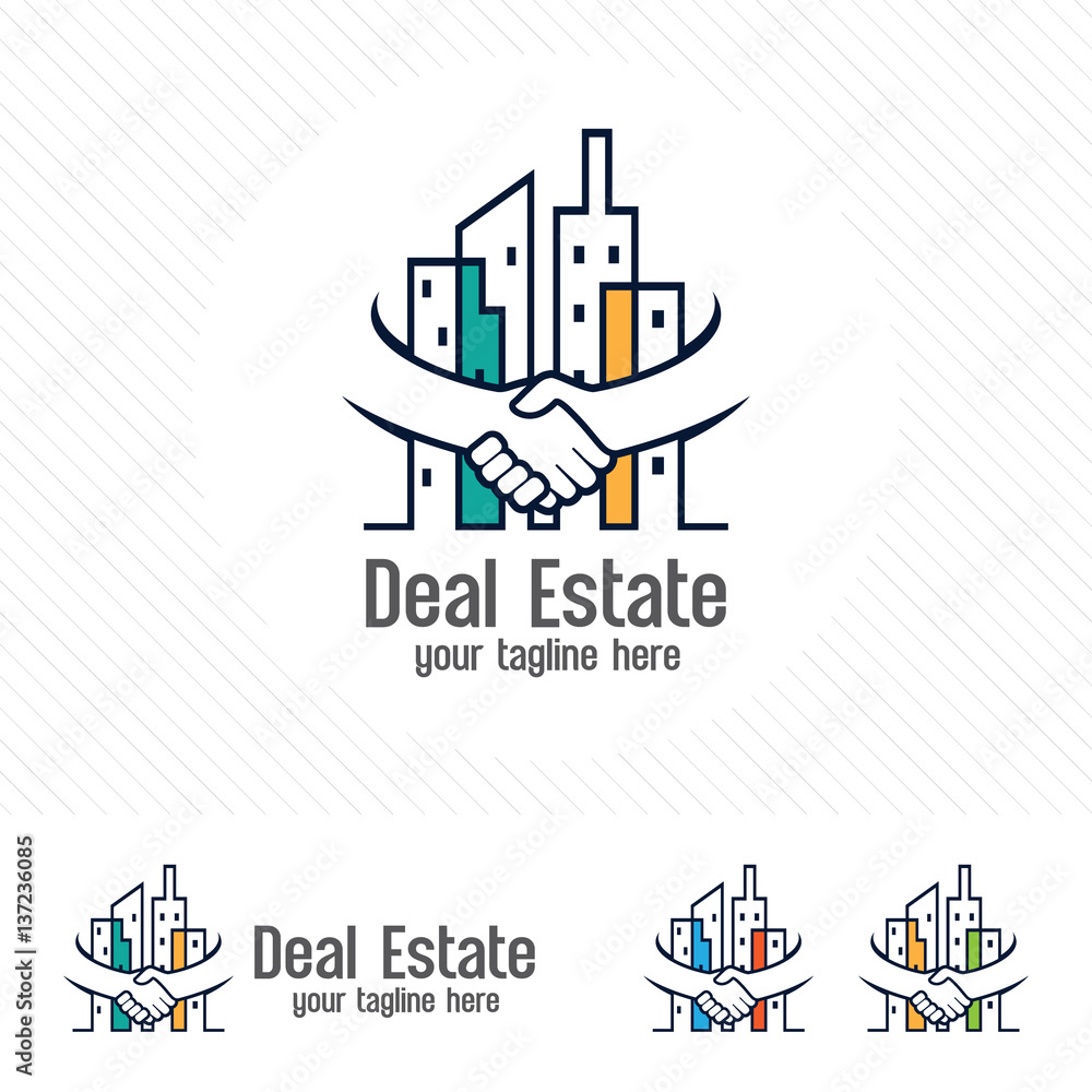 Property deal logo design vector. Real estate or apartment trading concept with hand shake symbol .