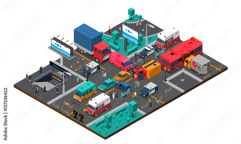 Accident On Crossroad Isometric Illustration Accident On Crossroad Isometric Illustration