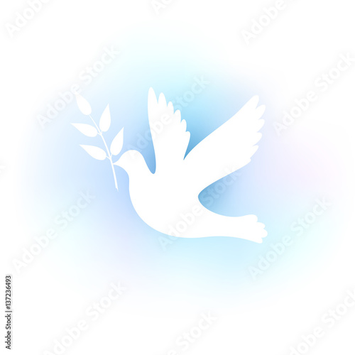 White silhouette of a dove on a blue background.