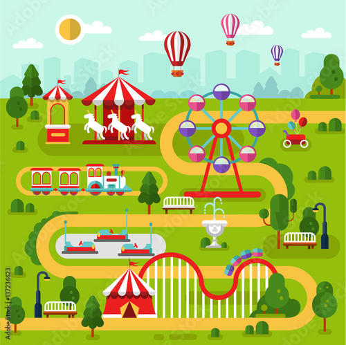 Flat design vector landscape illustration of amusement park map with air balloons, carousel, ferris wheel, roller coasters, attractions, train, cars, road. Infographics elements.