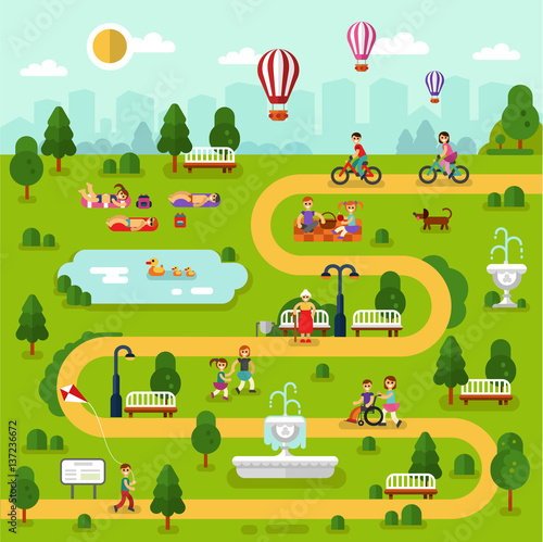 Fototapeta Naklejka Na Ścianę i Meble -  Flat design vector summer landscape illustration of park map. People rest in the park, sunbathing, ride on bikes, picnic, disabled men and old woman walking. Pond with ducks, fountain, air balloon.
