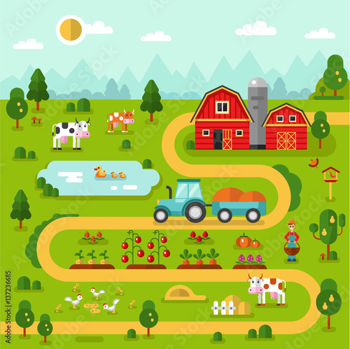 Fototapeta Naklejka Na Ścianę i Meble -  Flat design vector illustration of farm map with barn, garden, tractor, road, beds of carrot, tomatoes, pumpkin, cow, duck, chicken. Farming, agricultural, organic infographic concept.