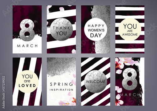 International Women's Day cards set. Shabby gold, black and white stripes, blossom plum, velvet and marble texture. The eighth of March decoration concept.