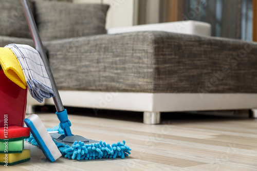 Cleaning service. Bucket with sponges and mopping stick. Washcloth and towel. Household equipment.