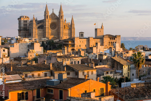 Cityscape with La Seu Cathedral and rooftops, Palma de Mallorca , Majorca, Spain