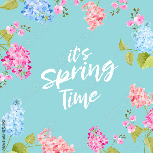 Spring time concept of card with blooming flowers isolated over blue background. Vector illustration.