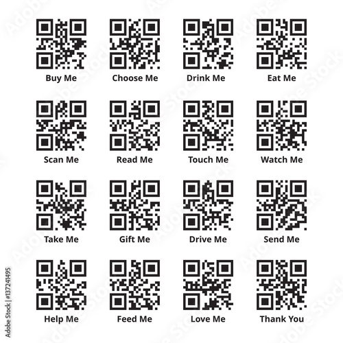 QR code set for stimulating sales of goods. Quick response codes with encoded promotional phrases as buy, scan, read, eat, take, touch, help, love me and thank you. Ready to scan. Vector illustration.