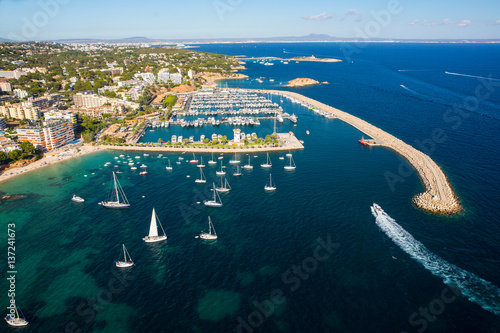 High angle view of yachts anchored on coastline, Majorca, Spain photo