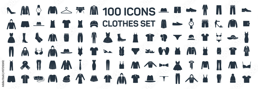 Clothes 100 icon set on white background - obrazy, fototapety, plakaty 