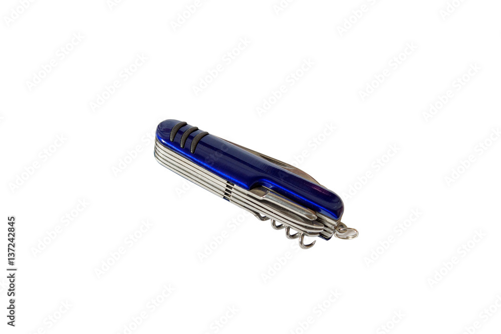 Blue army knife multitool isolated white background Blue army knife multitool isolated white background