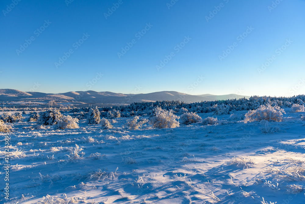 Fototapeta premium Field covered by snow with mountains on background