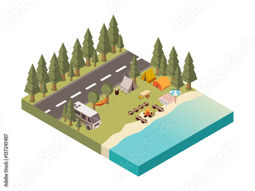 Camp Between Road And Lake Illustration