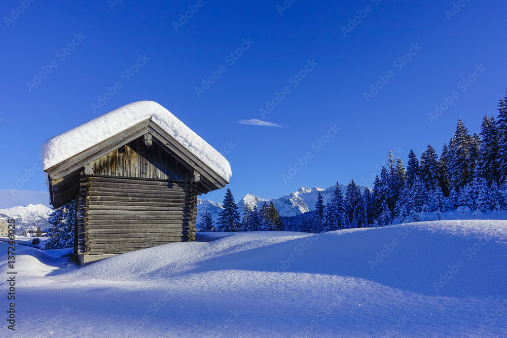 Chalet in a snow landscape at Elmau, Upper Bavaria, Bavaria, Germany, Europe