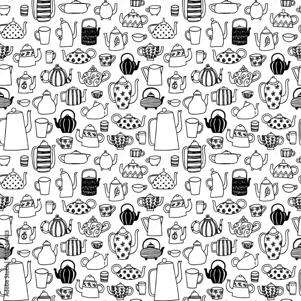 Seamless pattern with doodle tea kettles. Seamless pattern with doodle tea kettles.