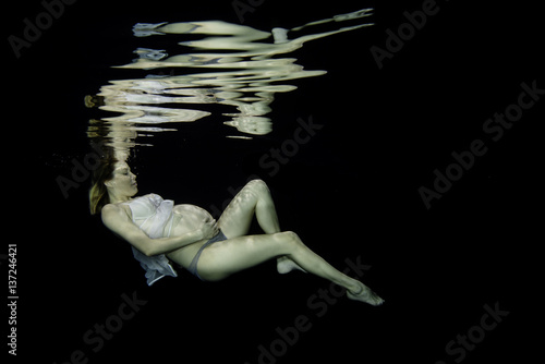 Pregnant woman swimming underwater