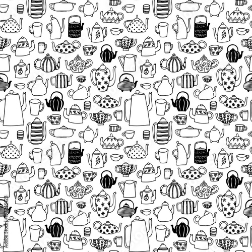 Seamless pattern with doodle tea kettles.