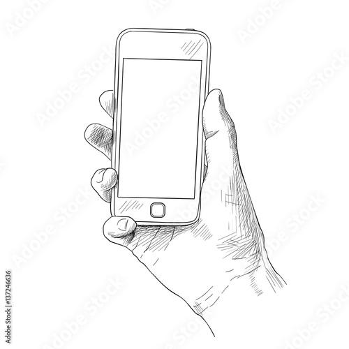 Hand holding mobile phone, sketch vector illustration