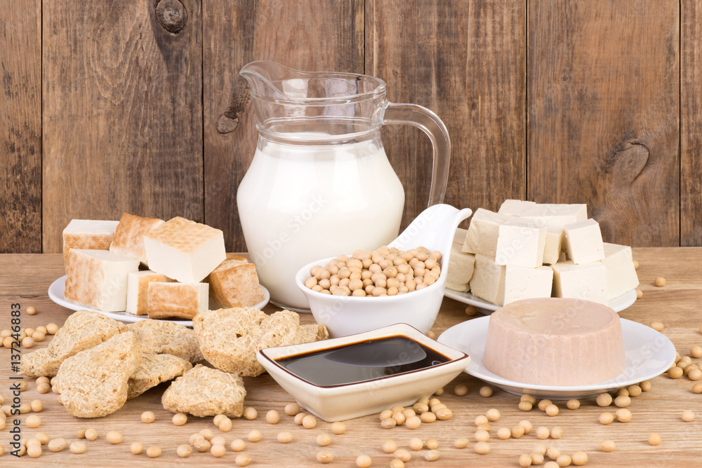 Soy products on wooden background Soy products on wooden background