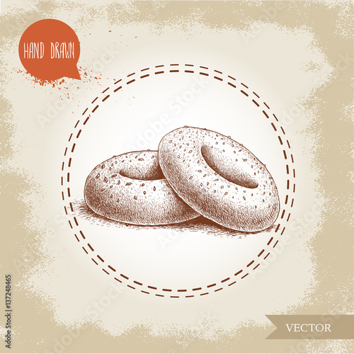 Hand drawn sketch style sesame bagels composition. Daily fresh bakery illustration. Vintage drawing of fresh bakery goods.