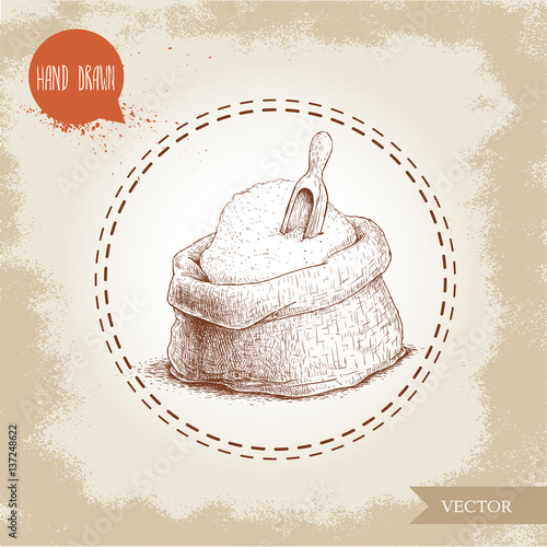 Hand drawn sketch style sack with whole flour with wooden scoop. Bag with sugar, sack with rye flour. Bakery and mill symbol.