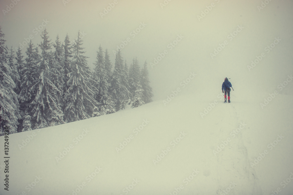tourists in the snowy mountains. Carpathians. Ukraine, Europe