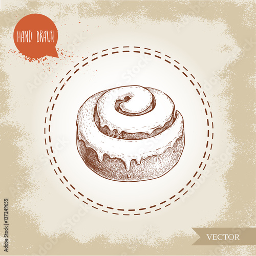 Hand drawn sketch style bakery goods illustration. Fresh iced cinnamon bun. Daily product. Fresh-baked breakfast