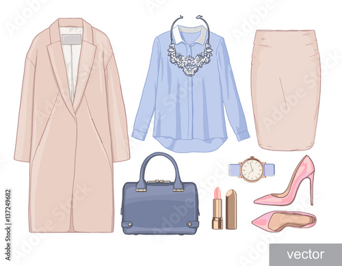 Lady fashion set of outfit. Stylish and trendy clothing Vector.