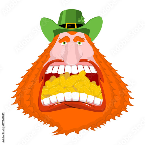 Leprechaun gold. Crazy Dwarf for St. Patrick's Day. Golden coins in mouth. National Holiday in Ireland. Traditional Irish Festival