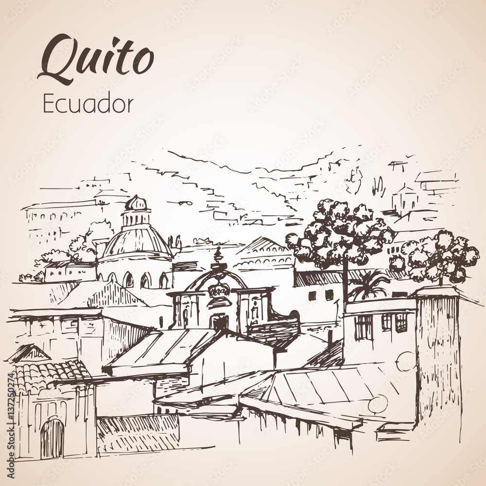 Quito hand drawn sketch. Ecuador.