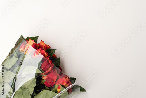 Fotografi High angle view of red and orange roses wrapped in clear cellophane on white tab